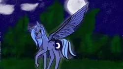 Size: 1920x1080 | Tagged: safe, artist:trapped in a jar, derpibooru import, princess luna, alicorn, pony, bedroom eyes, glow, large wings, looking back, missing accessory, moon, night, raised leg, s1 luna, scenery, semi-realistic, solo, tongue out