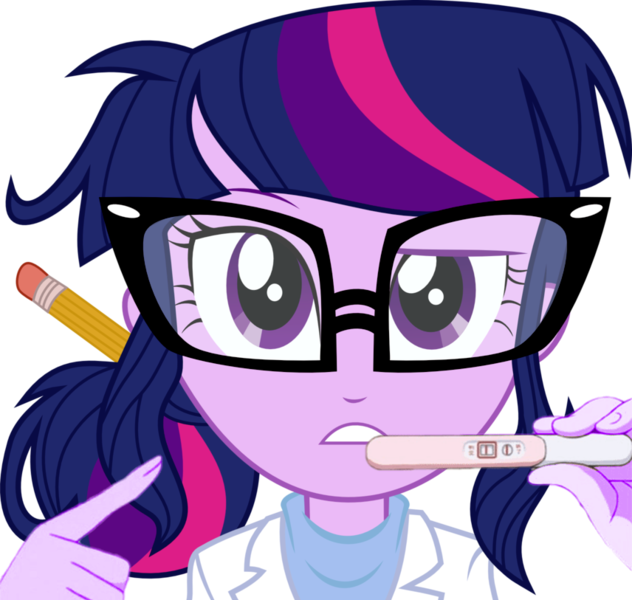 Size: 856x813 | Tagged: safe, artist:mit-boy, derpibooru import, sci-twi, twilight sparkle, equestria girls, rainbow rocks, frown, glasses, gritted teeth, looking at you, pencil, pointing, pregnancy test, pregnancy test meme, pregnant, raised eyebrow, simple background, solo, teen pregnancy, transparent background, vector