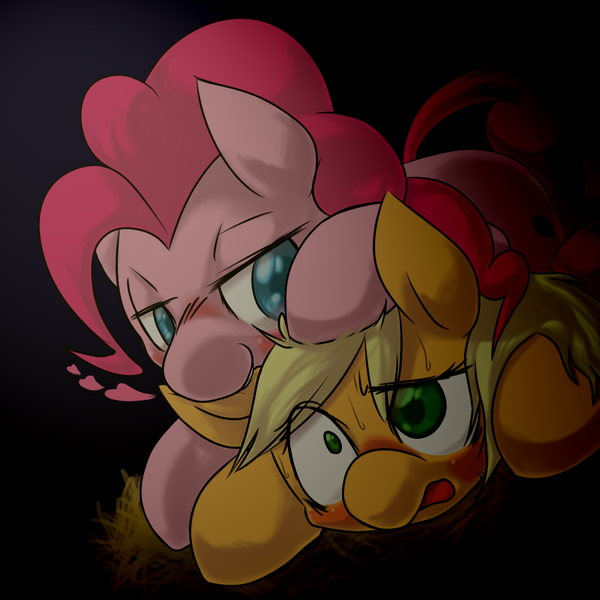 Size: 1200x1200 | Tagged: applejack, applepie, artist:ushiro no kukan, biting, ear bite, female, lesbian, pinkie pie, pixiv, safe, shipping