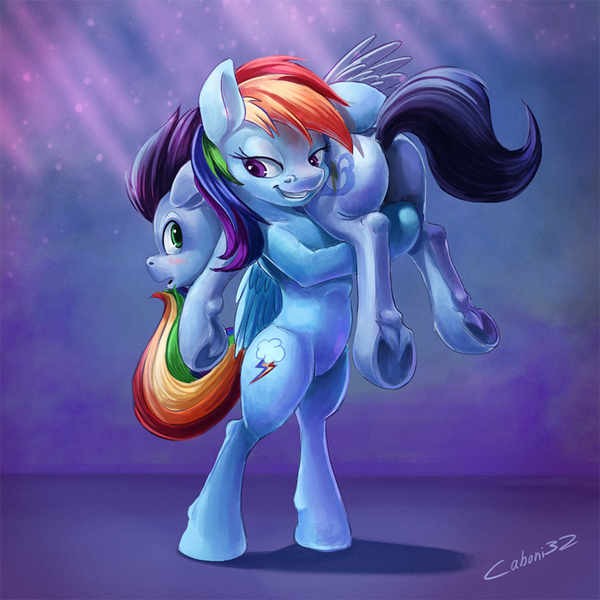 Size: 900x900 | Tagged: safe, artist:caboni32, derpibooru import, edit, rainbow dash, soarin', pegasus, pony, bipedal, blushing, carrying, female, fireman carry, male, mare, sfw edit, shipping, smiling, soarindash, stallion, standing, straight, tail seduce, underhoof