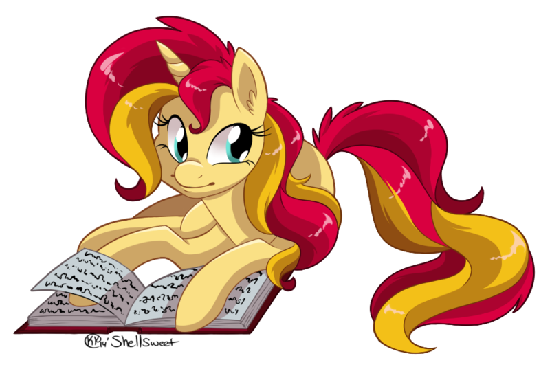 Size: 937x629 | Tagged: safe, artist:shellsweet, derpibooru import, sunset shimmer, pony, unicorn, book, solo