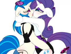 Size: 1024x768 | Tagged: suggestive, artist:kikiluv, artist:kikiluv17, derpibooru import, rarity, vinyl scratch, pony, semi-anthro, bipedal, blushing, bottomless, breasts, clothes, corset, female, french kiss, kissing, lesbian, making out, mare, panties, rariscratch, sloppy kissing, sunglasses, tanktop, underwear