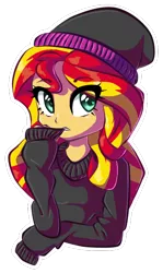 Size: 404x678 | Tagged: safe, artist:tami-kitten, derpibooru import, sunset shimmer, equestria girls, beanie, biting, bust, clothes, cute, eye clipping through hair, hat, heart eyes, looking at you, nervous, shimmerbetes, simple background, solo, sweater, transparent background, wingding eyes