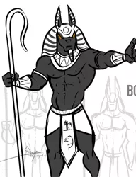 Size: 511x665 | Tagged: anthro, anubis, artist:bgn, derpibooru import, idw, jackal, king anubis, loincloth, male, muscles, solo, solo male, spoiler:comic, spoiler:comic24, staff, suggestive