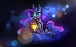 Size: 3236x2000 | Tagged: safe, artist:alumx, derpibooru import, princess luna, alicorn, pony, lunadoodle, blushing, cheese, eating, edible heavenly object, high res, hoof hold, lens flare, moon, sitting, solo, space, tangible heavenly object