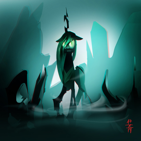 Size: 1280x1280 | Tagged: 15 minute ponies, artist:alumx, changeling, changeling queen, derpibooru import, fangs, female, looking at you, queen chrysalis, safe, solo
