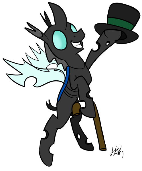 Size: 814x985 | Tagged: artist:heretichesh, cane, changeling, dancing, derpibooru import, doomie, hat, michigan j. frog, safe, simple background, smiling, solo, top hat, white background