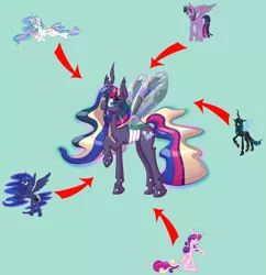 Size: 1000x1033 | Tagged: safe, artist:deusexequus, derpibooru import, princess cadance, princess celestia, princess luna, queen chrysalis, twilight sparkle, twilight sparkle (alicorn), oc, alicorn, hybrid, pony, alicorn tetrarchy, bear trap, female, fusion, mare, omnicorn, simple background, what has magic done