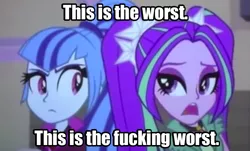 Size: 877x531 | Tagged: safe, derpibooru import, edit, edited screencap, screencap, aria blaze, sonata dusk, equestria girls, rainbow rocks, best friend aria, caption, image macro, meme, two best friends play, vulgar