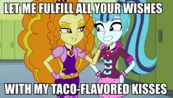 Size: 889x500 | Tagged: suggestive, derpibooru import, edit, edited screencap, screencap, adagio dazzle, sonata dusk, equestria girls, rainbow rocks, adagio dazzle gets around, caption, female, image macro, jennifer lopez, lesbian, meme, shipping, sonagio, sonataco, south park