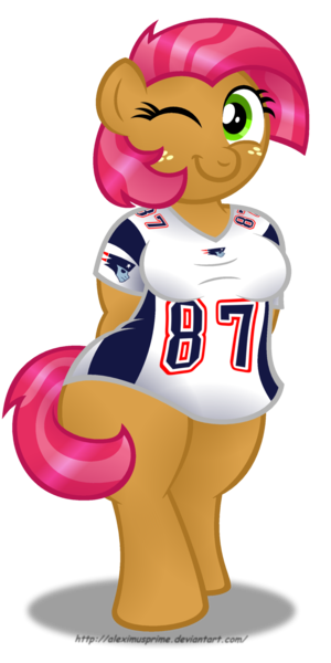 Size: 1024x2049 | Tagged: american football, anthro, artist:aleximusprime, babs seed, bottomless, breasts, busty babs seed, clothes, derpibooru import, female, jersey, new england patriots, nfl, older, rob gronkowski, simple background, solo, solo female, suggestive, transparent background