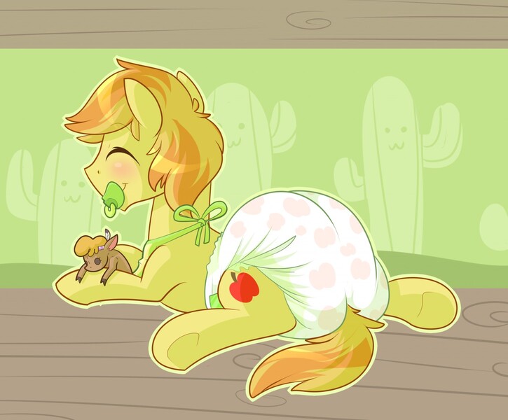 Size: 1280x1059 | Tagged: adult foal, artist:cuddlehooves, braebetes, braeburn, braeby, cute, diaper, diaper fetish, little strongheart, pacifier, plushie, poofy diaper, questionable