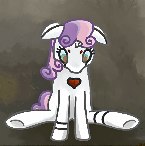 Size: 776x777 | Tagged: safe, artist:ionipony, derpibooru import, sweetie belle, pony, robot, unicorn, female, filly, floppy ears, foal, hooves, horn, porter robinson, sad machine, sitting, solo, sweetie bot