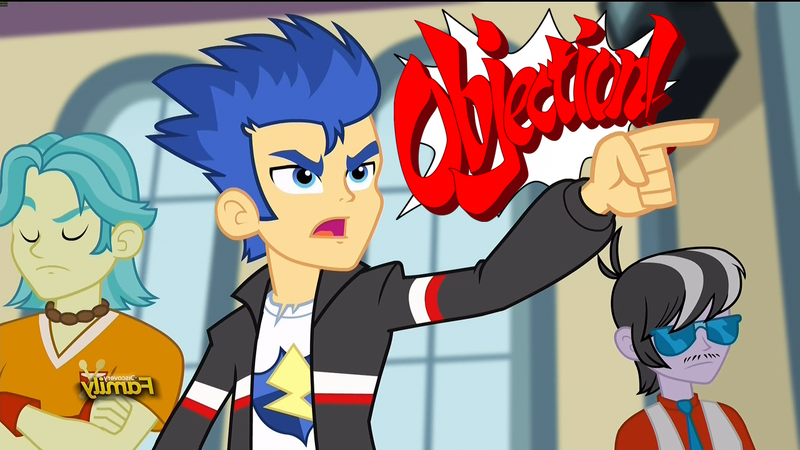 Size: 1280x720 | Tagged: safe, derpibooru import, edit, screencap, flash sentry, equestria girls, rainbow rocks, ace attorney, flash sentry ace attorney, mirrored, objection