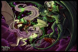 Size: 1000x667 | Tagged: safe, artist:fatehound, derpibooru import, fluttershy, bat pony, dragon, human, night fury, pony, crossover, dc comics, deadpool, female, flutterbat, flying, harley quinn, how to train your dragon, humans riding dragons, humans riding ponies, man, mare, marvel, metal as fuck, quartet, riding, toothless the dragon, woman