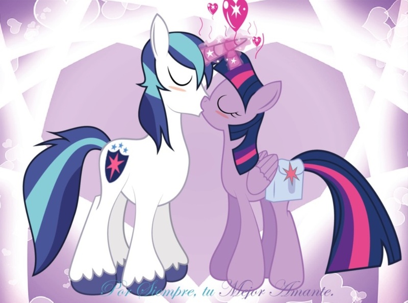 Size: 1024x760 | Tagged: source needed, safe, artist:paperlover, derpibooru import, shining armor, twilight sparkle, twilight sparkle (alicorn), alicorn, pony, blushing, female, horns are touching, incest, kissing, male, mare, saddle bag, shiningsparkle, shipping, spanish, stallion, straight