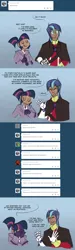 Size: 900x2997 | Tagged: safe, artist:egophiliac, derpibooru import, shining armor, twilight sparkle, human, steamquestria, ask, blue background, breaking the fourth wall, brother and sister, comic, female, fourth wall, humanized, male, prosthetic limb, simple background, steampunk, tumblr