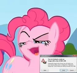 Size: 700x665 | Tagged: safe, derpibooru import, screencap, pinkie pie, earth pony, pony, faic, gimp, great moments in animation, meme, ponk, ponyface, reaction image, scaling warning message, solo, too big, windows