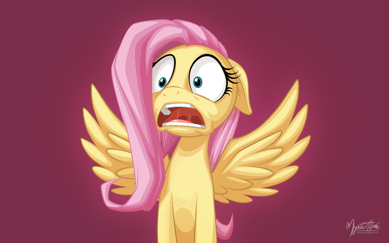 Size: 2560x1600 | Tagged: safe, artist:mysticalpha, derpibooru import, fluttershy, pegasus, pony, female, mare, open mouth, realization, scared, shocked, solo, spread wings, wallpaper