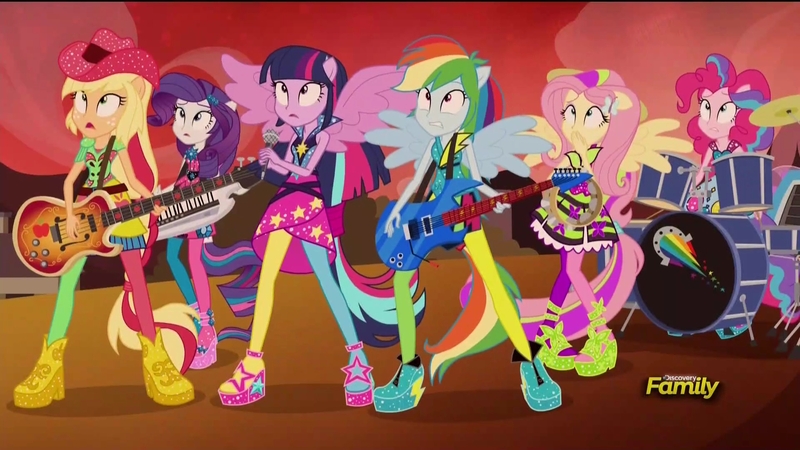 Size: 1920x1080 | Tagged: safe, derpibooru import, screencap, applejack, fluttershy, pinkie pie, rainbow dash, rarity, twilight sparkle, twilight sparkle (alicorn), equestria girls, rainbow rocks, bass guitar, clothes, drums, guitar, keytar, mane six, musical instrument, pantyhose, ponied up, surprised, tambourine, the rainbooms