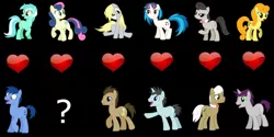 Size: 1024x512 | Tagged: safe, artist:greenwarf333, derpibooru import, blues, bon bon, carrot top, derpy hooves, doctor whooves, frederic horseshoepin, golden harvest, lyra heartstrings, neon lights, noteworthy, octavia melody, rising star, sweetie drops, time turner, vinyl scratch, written script, earth pony, pegasus, pony, unicorn, bowtie, cutie mark, doctorderpy, female, fredtavia, goldenscript, hooves, horn, male, mare, open mouth, question mark, shipping, sitting, smiling, stallion, straight, sunglasses, vector, vinylights