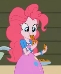 Size: 811x979 | Tagged: safe, derpibooru import, screencap, pinkie pie, equestria girls, rainbow rocks, :t, balloon, bracelet, clothes, cookie, cute, diapinkes, eating, jewelry, lowres, nom, puffy cheeks, punch (drink), punch bowl, skirt, smiling, solo