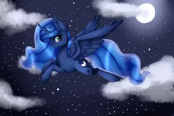 Size: 1280x853 | Tagged: artist:vidzhaystis, cloud, cloudy, derpibooru import, flying, moon, night, princess luna, safe, solo