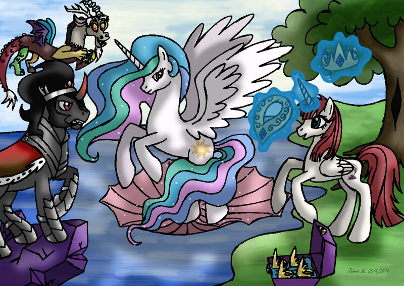 Size: 1024x726 | Tagged: safe, artist:lavenderrain24, derpibooru import, discord, king sombra, princess celestia, oc, oc:fausticorn, alicorn, pony, unicorn, alicorn oc, birth of venus, fine art parody, sandro botticelli, seashell, the birth of venus, tree