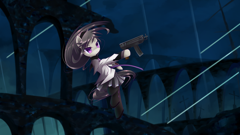 Size: 1920x1079 | Tagged: safe, artist:cyanaeolin, derpibooru import, octavia melody, pony, bipedal, clothes, crossover, gun, homura akemi, puella magi madoka magica, solo, submachinegun, weapon