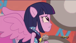 Size: 576x324 | Tagged: safe, derpibooru import, screencap, twilight sparkle, twilight sparkle (alicorn), siren, equestria girls, rainbow rocks, animated, discovery family, discovery family logo, microphone, ponied up, solo