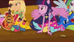 Size: 576x324 | Tagged: safe, derpibooru import, screencap, applejack, rainbow dash, sunset shimmer, twilight sparkle, twilight sparkle (alicorn), equestria girls, rainbow rocks, animated, clothes, discovery family, discovery family logo, guitar, leather jacket, microphone, pantyhose, ponied up, the coats are off