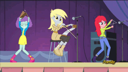 Size: 960x540 | Tagged: safe, derpibooru import, screencap, blueberry pie, derpy hooves, raspberry fluff, equestria girls, rainbow rocks, animated, background human, cowbell, musical instrument, musical saw, saw, triangle