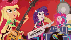 Size: 576x324 | Tagged: safe, derpibooru import, screencap, applejack, fluttershy, pinkie pie, rainbow dash, rarity, spike, sunset shimmer, twilight sparkle, twilight sparkle (alicorn), dog, equestria girls, rainbow rocks, animated, clothes, discovery family, discovery family logo, guitar, humane seven, keytar, mane seven, mane six, musical instrument, pantyhose, ponied up, spike the dog, the rainbooms