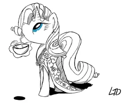 Size: 1594x1358 | Tagged: safe, artist:lyratriestodraw, derpibooru import, rarity, pony, unicorn, clothes, dress, drink, ear piercing, earring, grayscale, heart eyes, jewelry, looking at something, magic, monochrome, partial color, piercing, simple background, solo, telekinesis, white background, wingding eyes