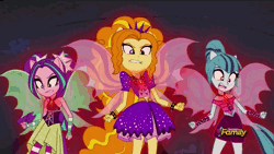 Size: 576x324 | Tagged: safe, derpibooru import, screencap, adagio dazzle, aria blaze, sonata dusk, equestria girls, rainbow rocks, animated, bare shoulders, discovery family, discovery family logo, fin wings, floppy ears, oh crap, ponied up, sleeveless, the dazzlings