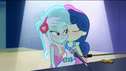 Size: 1280x720 | Tagged: safe, artist:maistrenko, derpibooru import, edit, edited screencap, screencap, bon bon, lyra heartstrings, sweetie drops, equestria girls, rainbow rocks, :3, discovery family logo, female, kiss edit, lesbian, lyrabon, microphone, piano, shipping, spotlight, sweet lyres, wallpaper