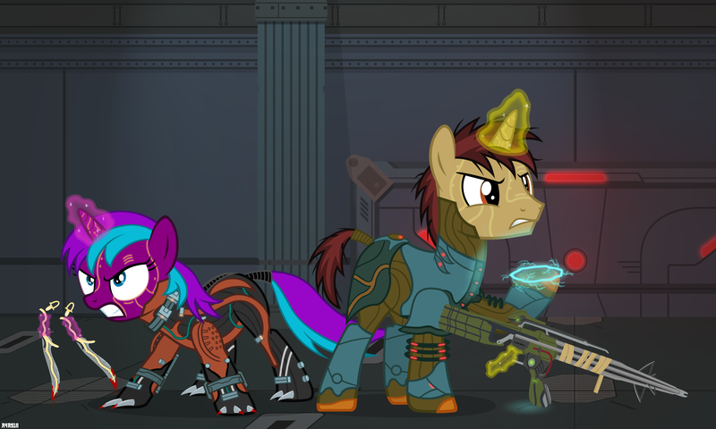 Size: 4200x2520 | Tagged: safe, artist:a4r91n, derpibooru import, oc, oc:rivet gear, oc:starnight, unofficial characters only, pony, unicorn, angry, armor, blood, crossover, cyborg space ninja pony, dagger, female, glowing eyes, gun, mare, rifle, valkyr (warframe), vector, volt (warframe), warframe, weapon