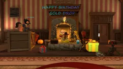 Size: 1600x900 | Tagged: safe, derpibooru import, rarity, oc, oc:gold drop, oc:robinmane, 3d, birthday card, cake, fireplace, flare gun, gmod, gun, portal (valve), present, rainblower, sentry, shotgun, spy, team fortress 2, weapon