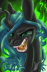 Size: 1024x1540 | Tagged: semi-grimdark, artist:ebonytails, derpibooru import, queen chrysalis, angry, drool, fangs, growling, sharp teeth, solo