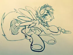 Size: 1280x956 | Tagged: safe, artist:mysteriouskaos, derpibooru import, oc, oc:blue blaze, unofficial characters only, pegasus, pony, clothes, goggles, monochrome, scarf, solo, traditional art, underhoof