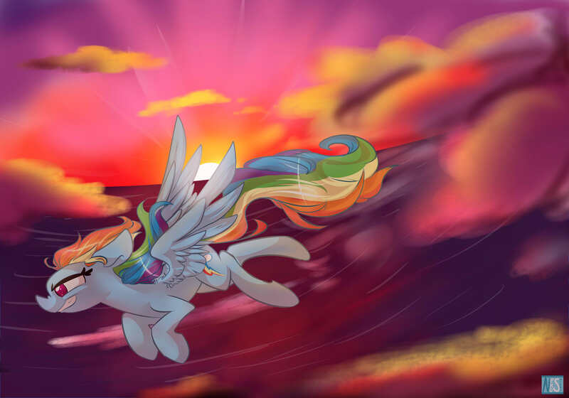 Size: 4000x2800 | Tagged: artist:nekosnicker, derpibooru import, flying, rainbow dash, safe, solo, sunset