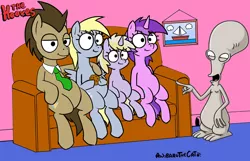 Size: 1280x822 | Tagged: safe, artist:anibaruthecat, derpibooru import, edit, amethyst star, derpy hooves, dinky hooves, doctor whooves, time turner, pegasus, pony, american dad, crossover, female, mare, parody, roger smith, the simpsons, whooves family