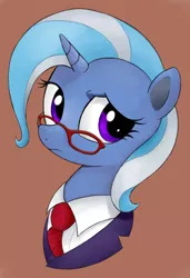 Size: 2000x2928 | Tagged: safe, artist:greenprickle, artist:kas92, derpibooru import, trixie, pony, unicorn, brown background, bust, clothes, colored, cute, diatrixes, female, frown, glasses, mare, necktie, portrait, raised eyebrow, sad, simple background, solo, suit