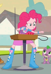 Size: 500x724 | Tagged: safe, derpibooru import, screencap, pinkie pie, spike, dog, equestria girls, rainbow rocks, animated, balloon, boots, clothes, female, gif, high heel boots, male, musical instrument, skirt, spike the dog, theremin