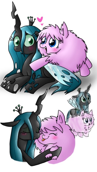 Size: 640x1136 | Tagged: safe, artist:vdru7, derpibooru import, queen chrysalis, oc, oc:fluffle puff, canon x oc, chrysipuff, female, lesbian, pixiv, shipping