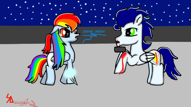 Size: 960x540 | Tagged: semi-grimdark, derpibooru import, rainbow dash, soarin', pegasus, pony, angel beats, blood, female, gun, hypnotized, long mane, male, mare, red eyes, shipping, soarindash, stallion, straight