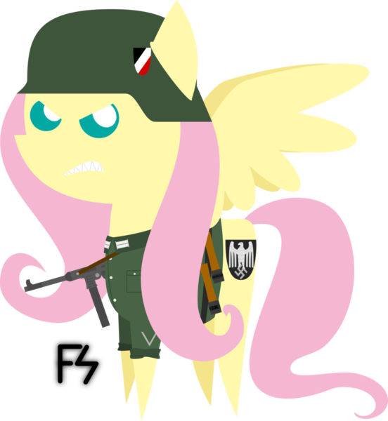 Size: 857x931 | Tagged: artist:facelesssoles, clothes, fluttershy, helmet, mp-40, nazi, pointy ponies, safe, solo, stahlhelm, swastika, uniform