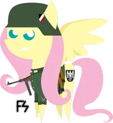 Size: 857x931 | Tagged: artist:facelesssoles, clothes, fluttershy, helmet, mp-40, nazi, pointy ponies, safe, solo, stahlhelm, swastika, uniform