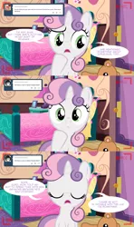 Size: 1280x2160 | Tagged: artist:jan, ask, ask the crusaders, buttongate, button mash, camera, dead source, derpibooru import, female, male, safe, shipping, shipping denied, solo, straight, sweetie belle, sweetiemash, tumblr