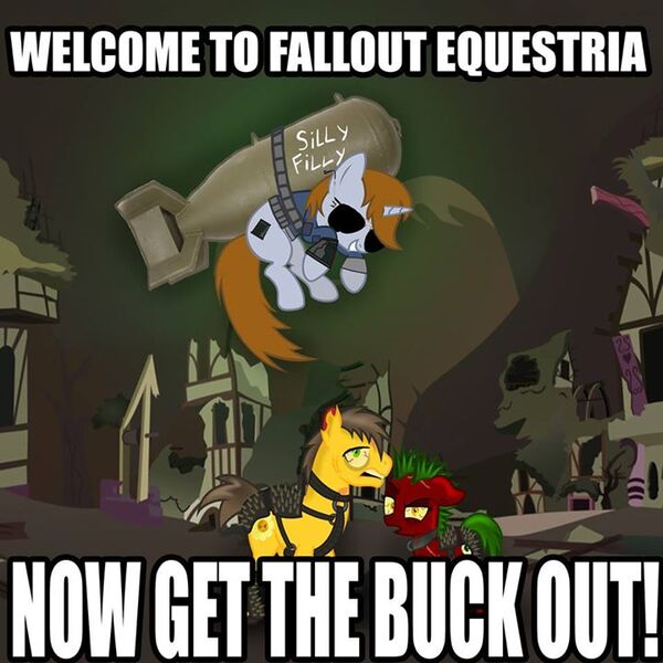 Size: 720x720 | Tagged: safe, derpibooru import, oc, oc:blood, oc:daff, oc:littlepip, unofficial characters only, earth pony, pony, unicorn, fallout equestria, fanfic, bomb, clothes, fanfic art, female, horn, male, mare, meme, photoshop, pipbuck, ruins, stallion, sunglasses, vault suit, wasteland